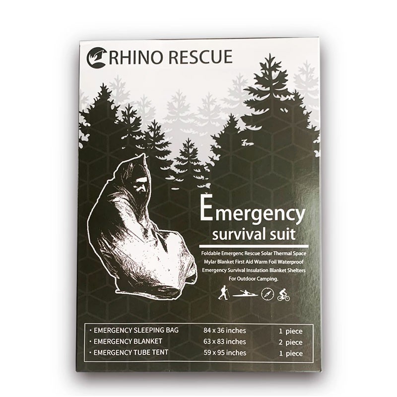 Kit Rhino Rescue Emergency Survival Suit compuesto por 2 mantas, 1 tienda y 1 saco de dormir.